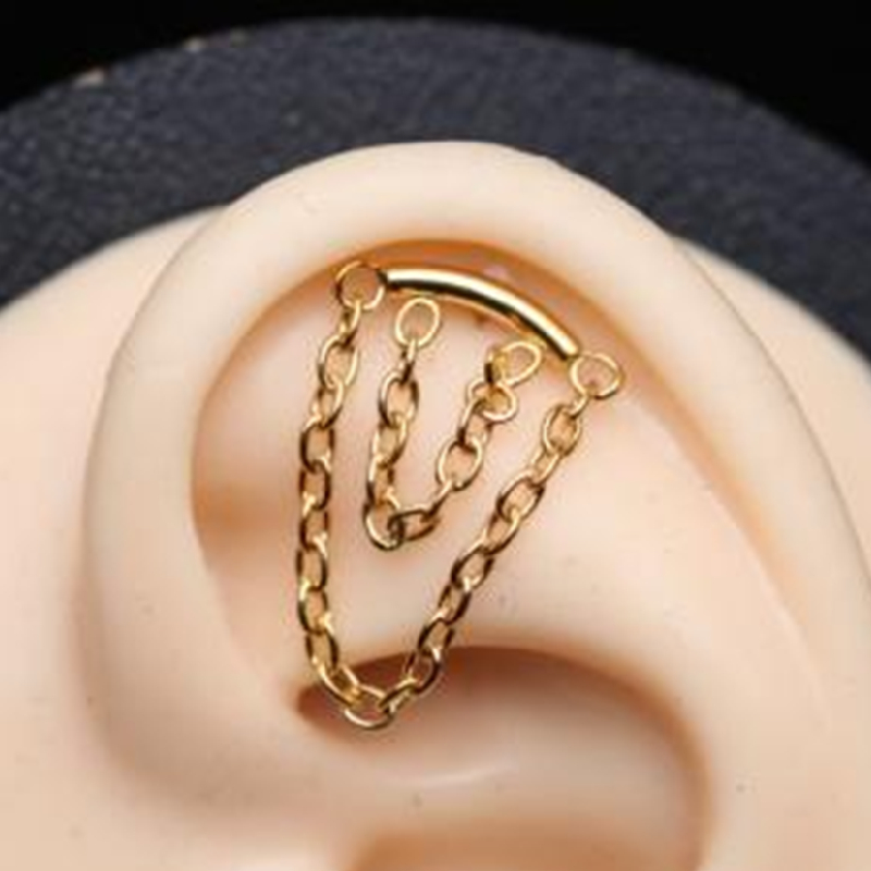 piercing014 Gizli Çift Zincir Altın 6x1.2mm Labret Piercing - Görsel 1